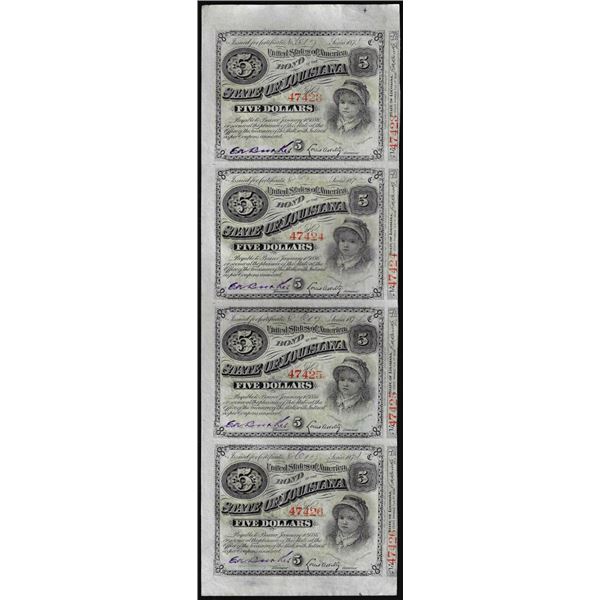 Uncut Sheet of (4) State of Louisiana Baby Bond Obsolete Notes