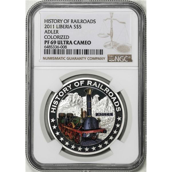 2011 Liberia $5 History of Railroads Adler Proof Silver Coin NGC PF69 Ultra Cameo