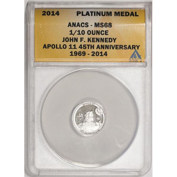 2014 Proof 1/10 oz Platinum JFK Apollo 11 Anniversary Medal ANACS MS68