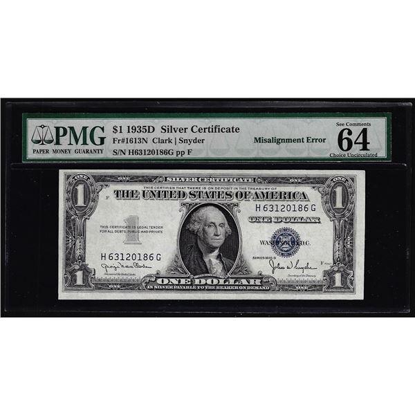 1935D $1 Silver Certificate Note Misalignment Error PMG Choice Uncirculated 64