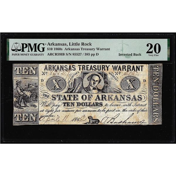 1862 $10 Arkansas Treasury Warrant Inverted Back Error Obsolete Note PMG Very Fine 20