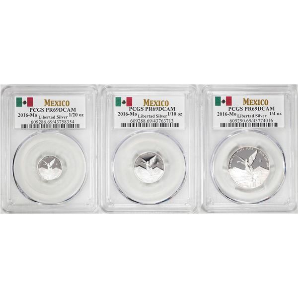 Lot of 2016-Mo Mexico Proof 1/20, 1/10 and 1/4 oz Silver Libertad Coins PCGS PR69DCAM