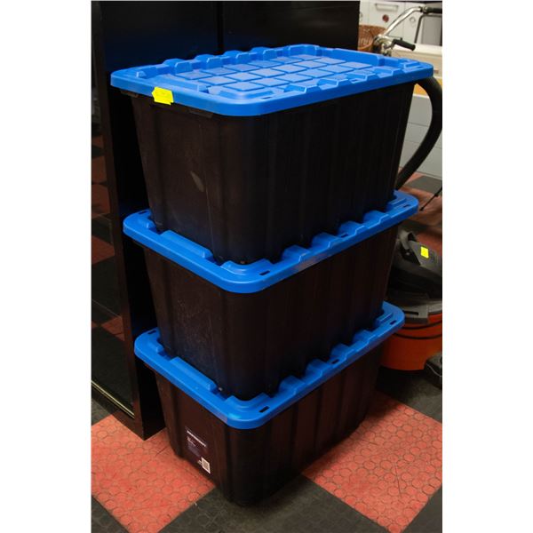 3 STACKING TOTES WITH BLUE LIDS