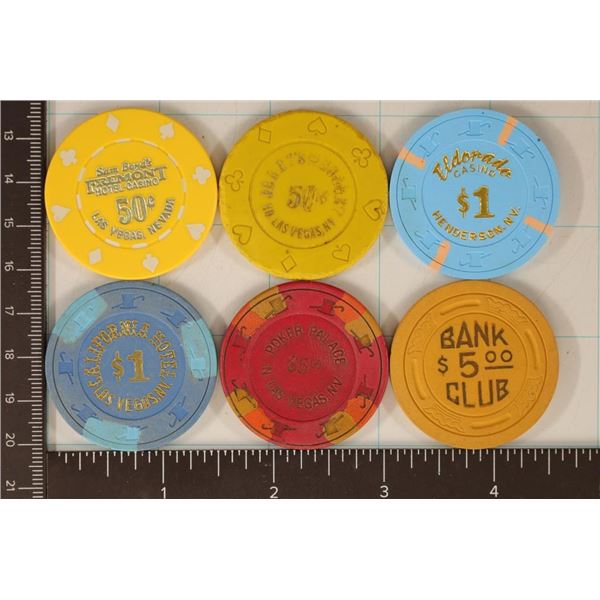 6-PLASTIC CASINO GAMING TOKENS: 2-FIFTY CENT, 2-$1