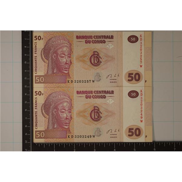 2-2013 CONGO 50 FRANCS CU COLORIZED BILL