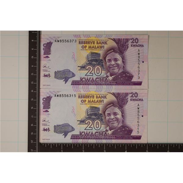 2-2015 MALAWI 20 KWACHA CU COLORIZED POLYMER BILLS