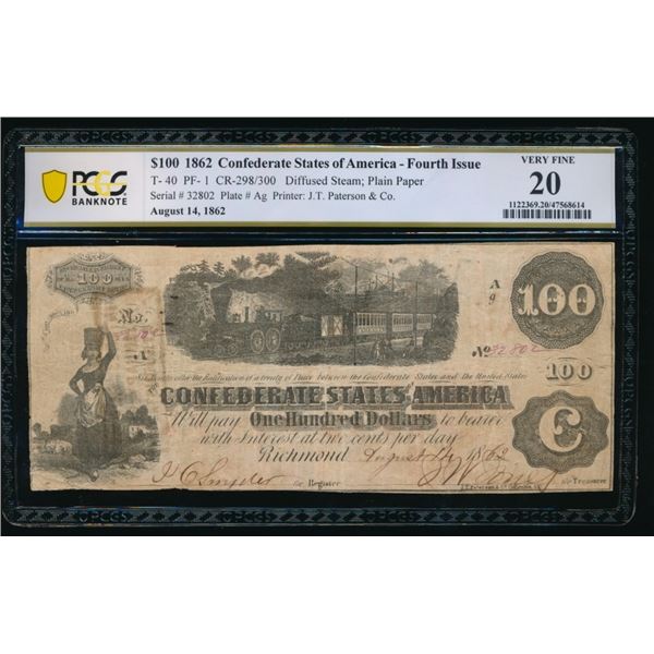 1862 $100 T-40 Confederate PCGS 20