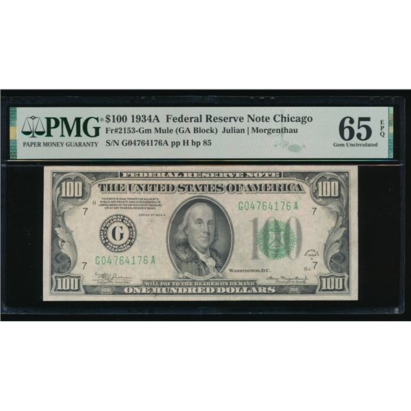 1934A $100 Mule Chicago FRN PMG 65EPQ