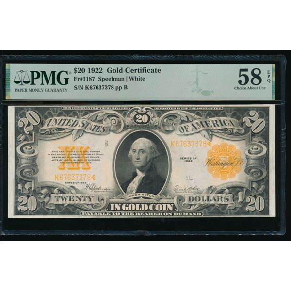 1922 $20 Gold Certificate PMG 58EPQ