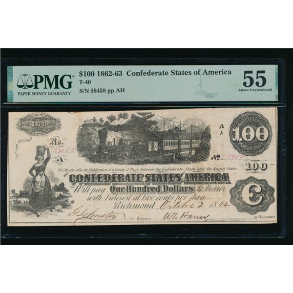1862-63 $100 T-40 Confederate PMG 55