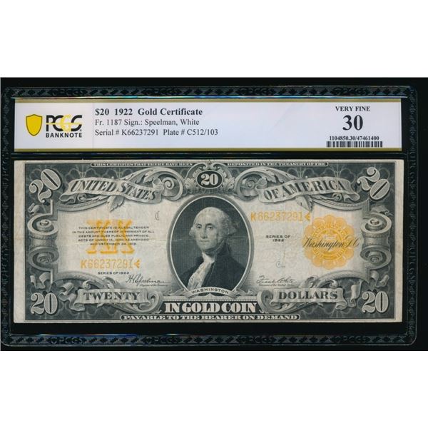 1922 $20 Gold Certificate PCGS 30