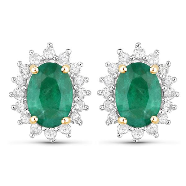 14KT Yellow Gold 1.86ctw Zambian Emerald and White Diamond Earrings