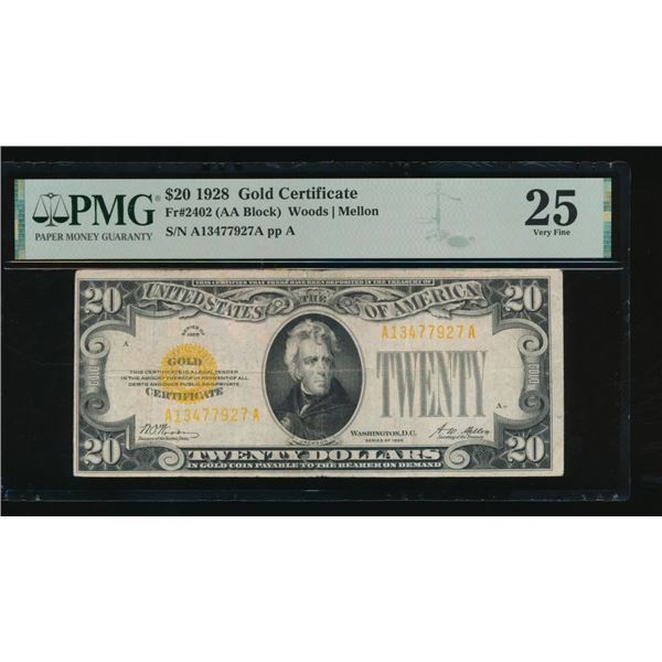 1928 $20 Gold Certificate PMG 25