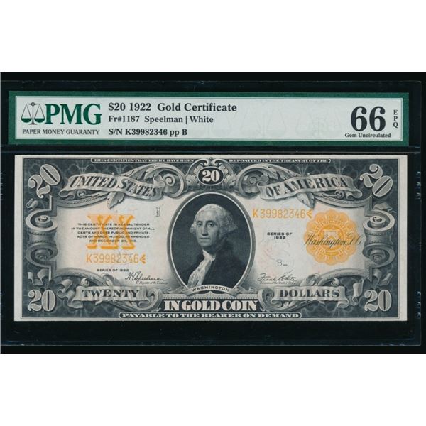 1922 $20 Gold Certificate PMG 66EPQ
