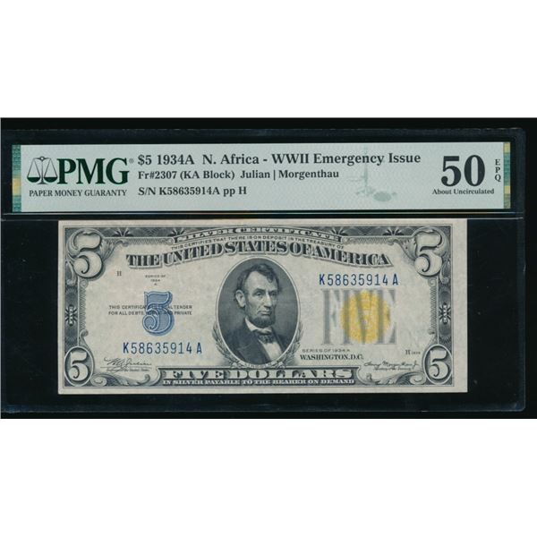 1934A $5 N Africa Silver Certificate PMG 50EPQ