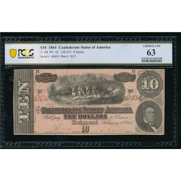 1864 $10 T-68 Confederate PCGS 63