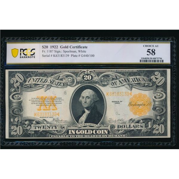 1922 $20 Gold Certificate PCGS 58
