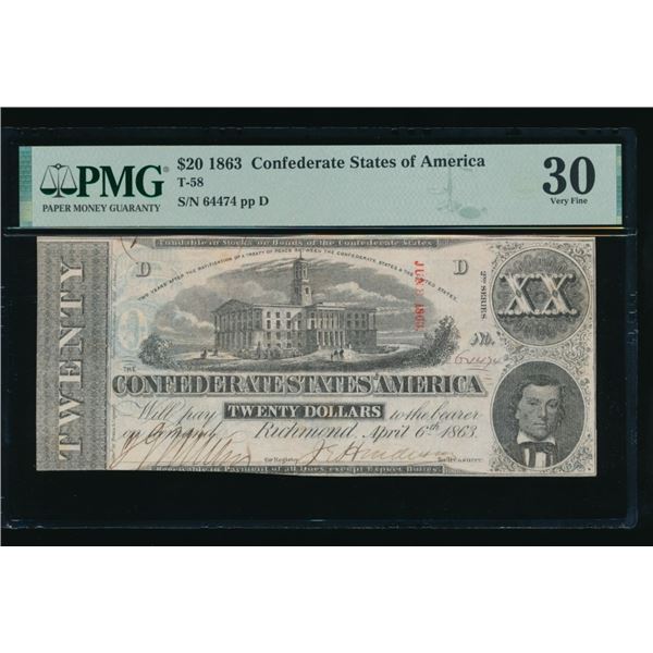 1863 $20 T-58 Confederate PMG 30