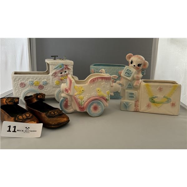 Vintage Ceramic  Planters with 1 Music Box & Set of Bronze Booties