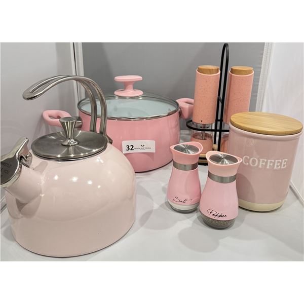 All Pink Kettle, Pot, Salt & Pepper Shakers, Ceramic Coffee Canister