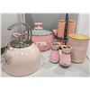Image 1 : All Pink Kettle, Pot, Salt & Pepper Shakers, Ceramic Coffee Canister