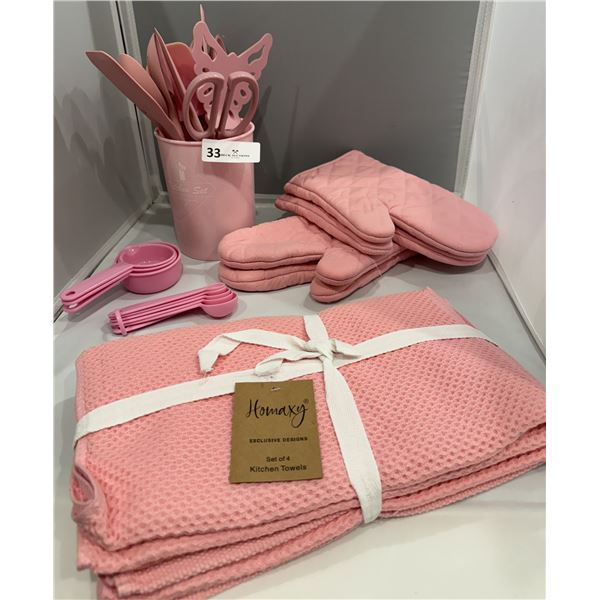 Pink Utensils, measuring cups & spoons, 2 sets of oven mitts, Set of 4 Kitchen Towels