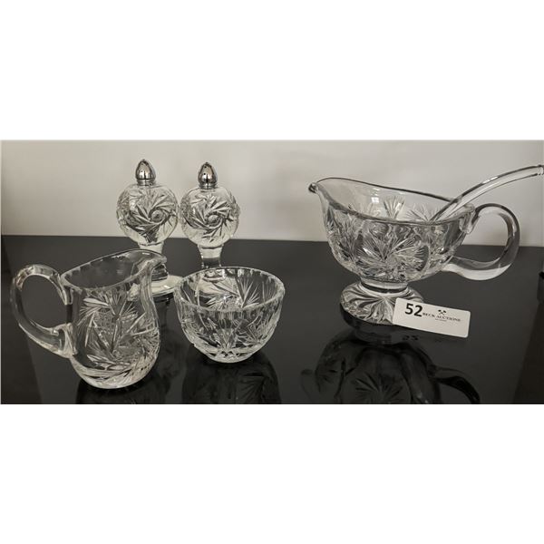 Vintage Pinwheel Crystal Gravy Bowl, Shot Glass, Cream & Sugar, Salt & Pepper