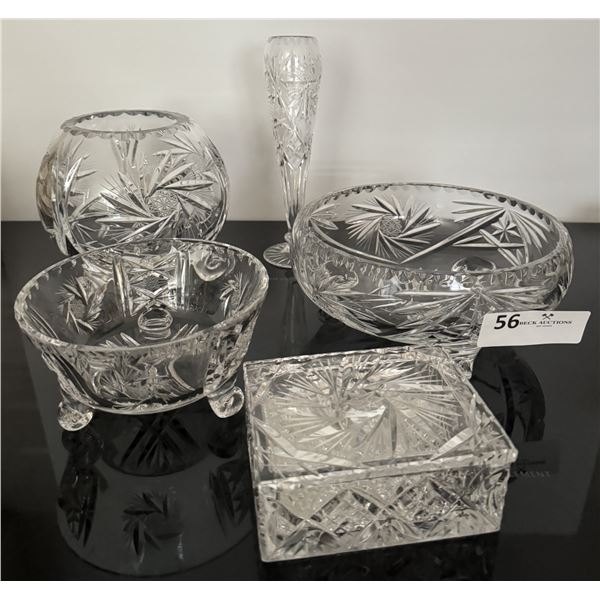 Vintage Pinwheel Crystal Containers, Box with Lid, Small Vase
