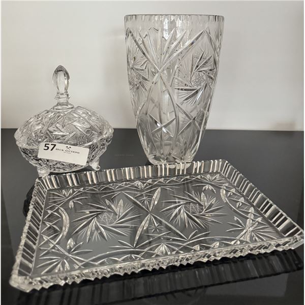 Vintage Pinwheel Crystal Vase, Flat Dish, Container with Lid