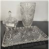 Image 1 : Vintage Pinwheel Crystal Vase, Flat Dish, Container with Lid