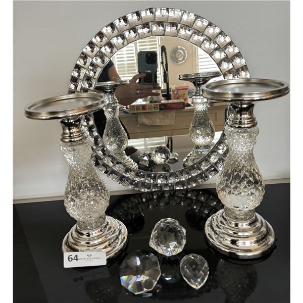 Crystal Round Mirror, Candle Holders, 4 Crystals