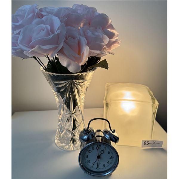 Glass Block Light, Silver Alarm Clock, Vintage Pinwheel Crystal Vase