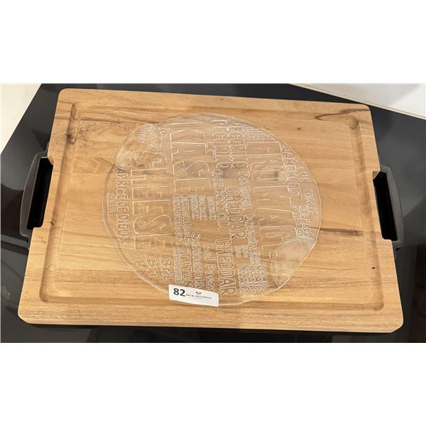 Beautiful Wooden Cutting Board with Metal Handles & Glass Cheese Tray