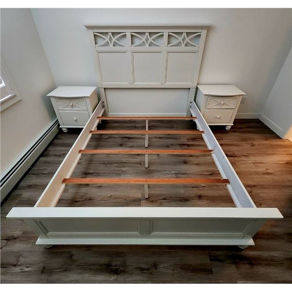 White Queen Size Headboard & Frame & 2 End Tables