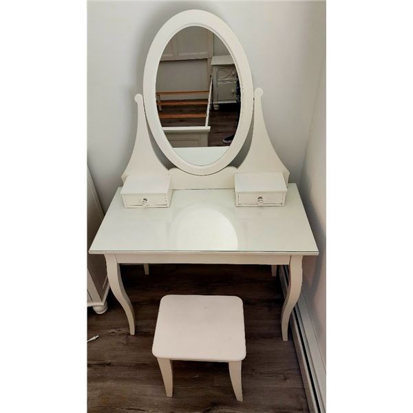 Ikea White Glasstop Vanity with Large Oval Mirror, 2 Drawers & Stool