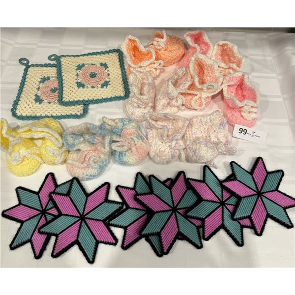 7 Handmade Knitted Baby Booties (NEW), Vintage Crocheted Pot Holders, 6 Craft Stars