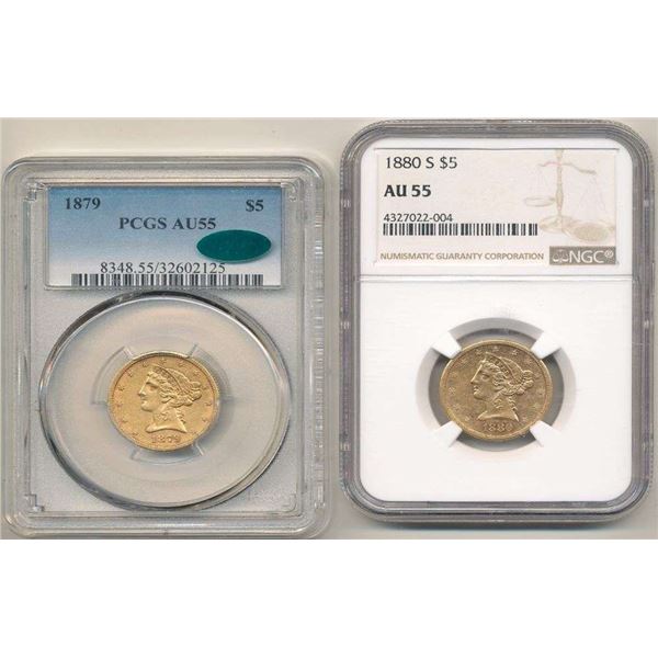 (2) 1879-1880-S Gold $5 Liberty Head PCGS CAC / NGC AU55