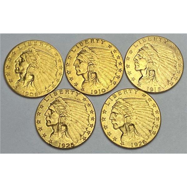 (5) 1909-1926 Gold $2.50 Indian Head MS60-MS63 Details