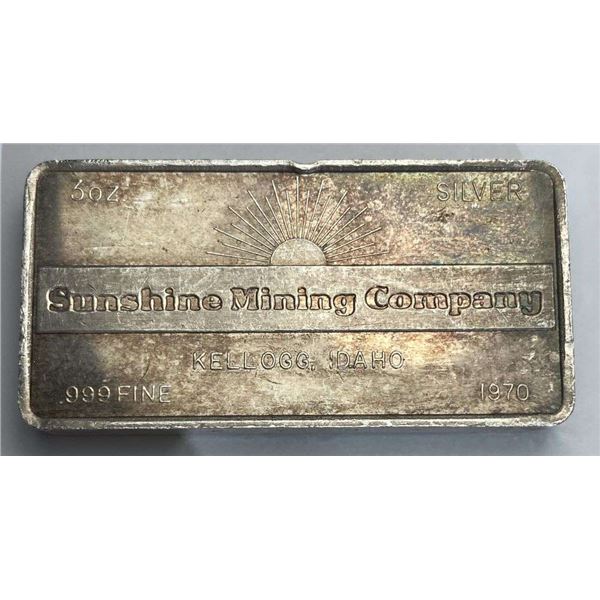 Very Rare 1970 Sunshine Mining Company W.H. Foster 3 ozt .999 Silver Bar