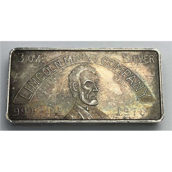Very Rare 1970 Lincoln Mining Company W.H. Foster 3 ozt .999 Silver Bar