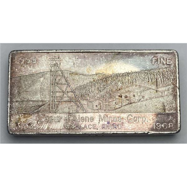 Very Rare 1968 Coeur d'Alene Mines Corp. W.H. Foster 3 ozt .999 Silver Bar