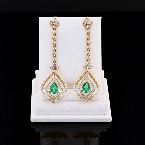 1.91 ctw Emerald and 1.54 ctw Diamond 18K Yellow Gold Dangling Earrings