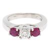 Image 2 : 14k White Gold 3 Stone Engagement Ring w/ Ctr Round Diamond & 2 Blood Red Rubies