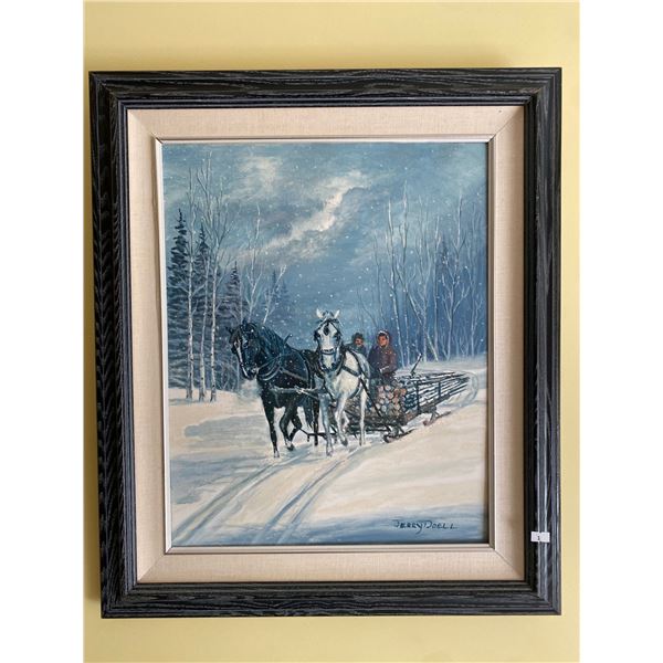Jerry Doell Snow Sleigh Ride Framed Oil Painting 23 x 27