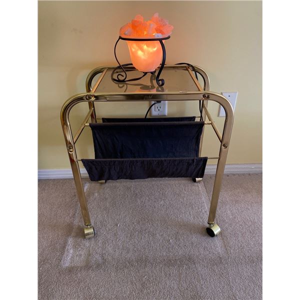 Rolling Glass Side Table 21L x 13W x 23H With Pink Salt Lamp