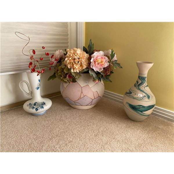 Three Decorative Vases With Faux Flowers