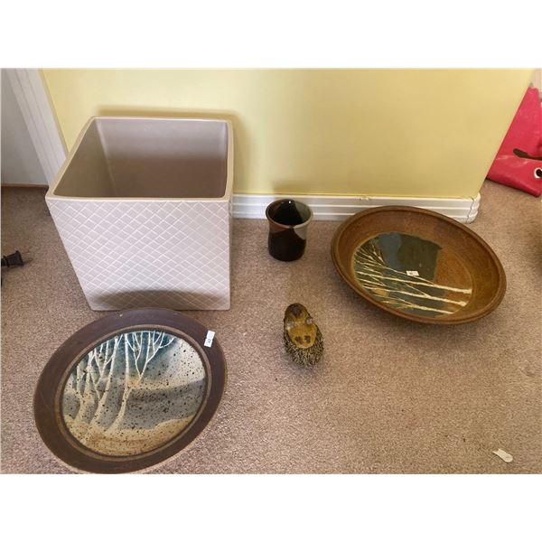Set Of Pottery Serving Plates With Cup , Copper Pale ,Hedgehog , And Planter