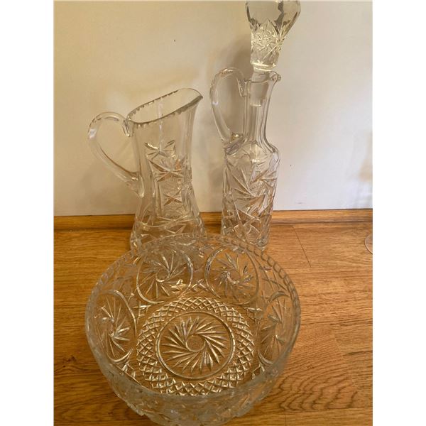 Crystal Decanter With Crystal Bowls And Pitcher