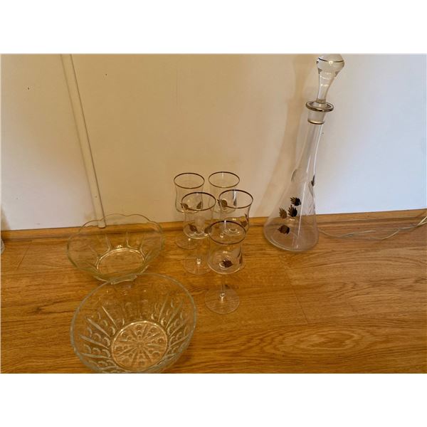Glass Decanter  WithMatching Glasses And Candy Dishes