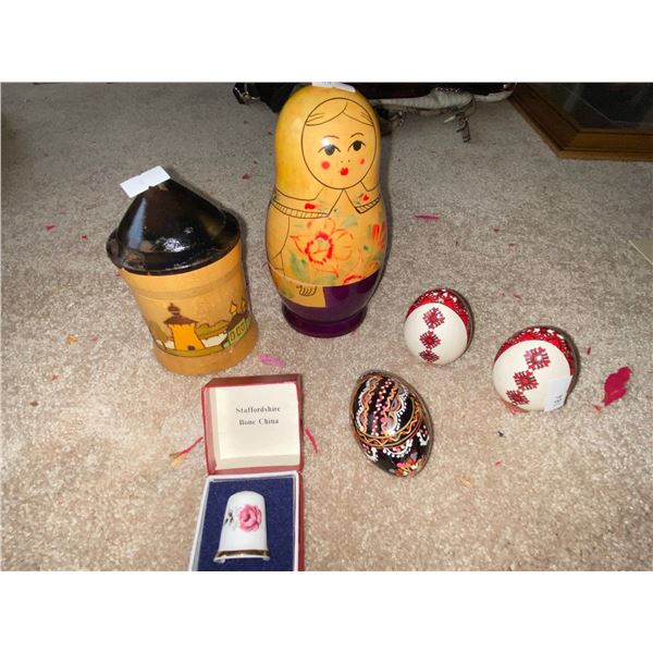 Handmade Ukrainian Ornament And Painted Eggs With Nesting Dolls And Bone China Thimble